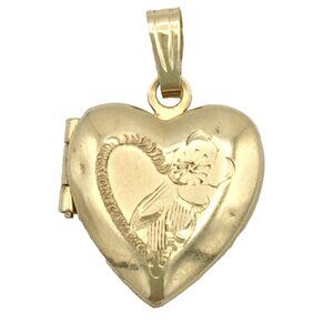 RVL 14K heart locket pendant - yellow gold engraved w/ flower delicate vintage